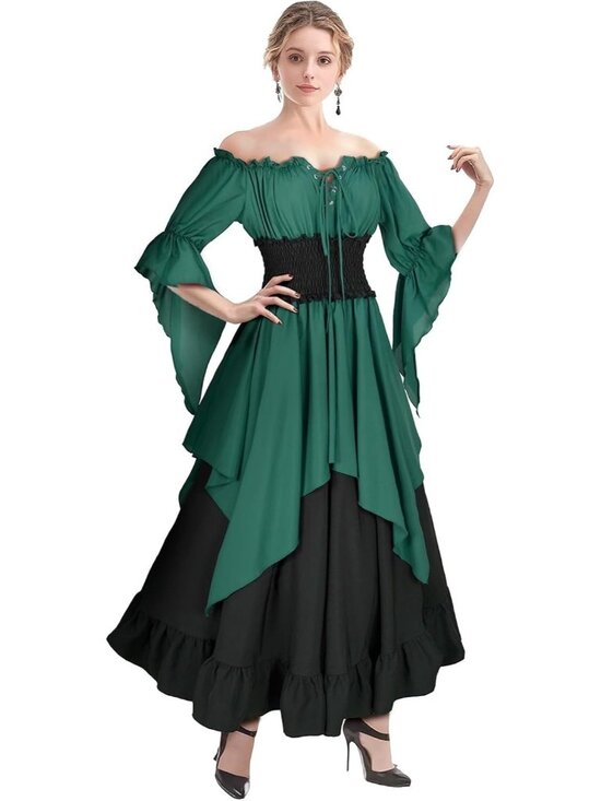 Halloween Costumes Dresses & Skirts - Green Renaissance Dress Medieval Costume Long Sleeve Victorian Women's MEDIUM